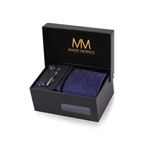 Offre limitée : Massi Morino Cravate Hommes Carré bleu foncé et mouchoirs de poche, boutons de manchette et Pinces à cravates | Coffret cadeau | Accessoires de Fete de Mariage de 34.90 € à 24.90 € (29% de remise)