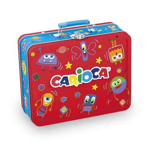 CARIOCA Set Creativo 100 Pennarelli Punta Fine Lavabili con Album da Colorare A4 e Astuccio Metallo Rosso, per Bambini e Regalo
