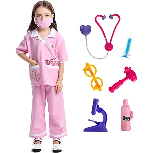 LOLANTA Kind Mädchen Doktor Dress-up Tierarzt Rollenspiele Halloween Kostüme befestigen medizinisches Spielzeug, Rosa, 3-6 Jahre, XS