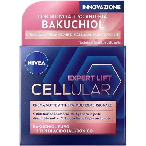 Offerta a tempo: NIVEA CELLULAR EXPERT LIFT Crema Notte Anti-età Multidimensionale 50 ml, Crema viso notte con Bakuchiol Puro e 2 tipi di Acido Ialuronico, Crema antirughe da notte - 24% da 19.52 € a 14.90 €