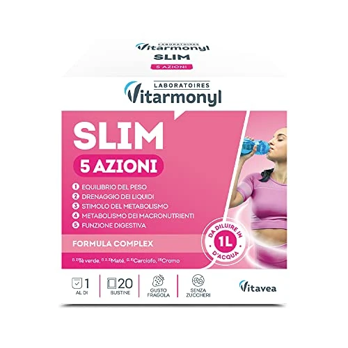 Offerta a tempo: Vitarmonyl - 5 Azioni - Integratore Linea e Detox - Drenante Forte - Con Estratti Vegetali (Tè Verde, Matè, Carciofo, Cromo) - Gusto Fragola - Senza Zuccheri - 20 Bustine - 50% da 10.20 € a 5.14 €