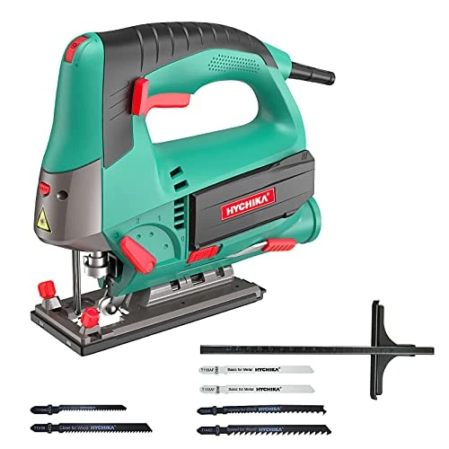 Jigsaw 800 W Max Wood Cutting Depth 110 mm, 800-3000SPM Hychika Electric Jigsaw with Laser, 6 Variable Speeds and 0-3 Orbital Position, 6 Blades, Chamfer Cutting: -45° to 45°, Case.