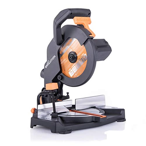 Evolution Power Tools R210CMS Compact Multi-Material Miter Saw with TCT Blade Included Cuts Wood, Metal, Plastic, 45° – 45° – 45° Mitre Angle and 45˚ Bevel Angle – 1200 W, 210 mm