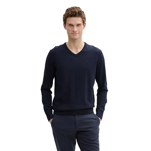 Offre limitee: TOM TAILOR Homme Pull basique avec col en V 1012820, 13160 - Knitted Navy Melange, XL de 29.99 EUR a 17.90 EUR (economie 40%)