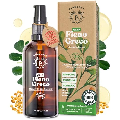 Offerta a tempo: BIONOBLE Olio di Fieno Greco Puro per Seno Bio - Rassoda e Modella Seno e Glutei - Macerato di Semi Senza Odore, 100% Naturale - Olio Fieno Greco Capelli - Bottiglia di Vetro, Pipetta, Pompa - 100ml - 46% da 18.98 € a 10.19 €