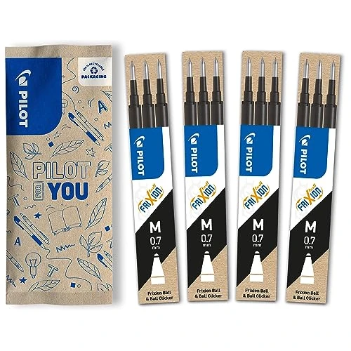 PILOT - 4 Set di 3 Ricariche FriXion - Ricariche per Penne Cancellabili - Compatibili con FriXion Ball e FriXion Ball Clicker - Nero - Punta Media (12 Ricariche)