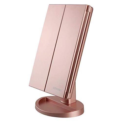 deweisn Makeup Mirror with 21 LEDs, Trifold Vanity Mirror 180° Magnification Wheel 1X/2X/3X Mirror for Makeup and Skincare (Rose Gold)