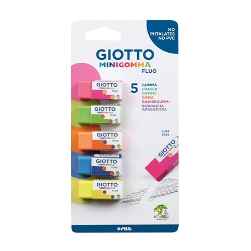 Offerta a tempo: Giotto- Set 5 Mini gomme Fluo, Colore Neon, 025200 - 15% da 2.35 € a 1.99 €
