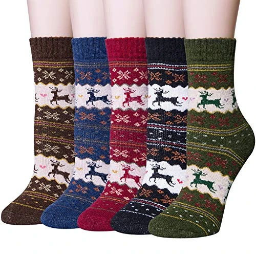 Chalier Fashion Women's 5 Pairs Wool Thermal Warm Knitting Winter Christmas Gifts Socks, Red / Brown / Green / Blue / Black, 4-8