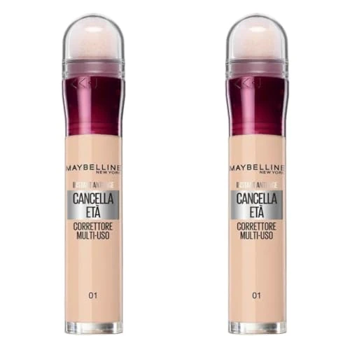Maybelline New York Correttore Multi-Uso, Idratante e con Coprenza Modulabile, Imperfezioni e Occhiaie Coperte, Con Bacche di Goji e Haloxyl, Cancella Età, Tonalità: 01 Light, Bipacco