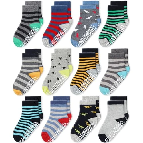 CozyWay Socken im Nonrutschen-Knöchelstil mit Grippers, 12 Pack für Jungen und Mädchen, mehrfarbig, 3-5 Jahre