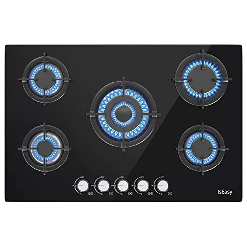 Placa de gas de 5 quemadores, autosuficiente, placa empotrable, para gas natural y propano, seguridad por termopar