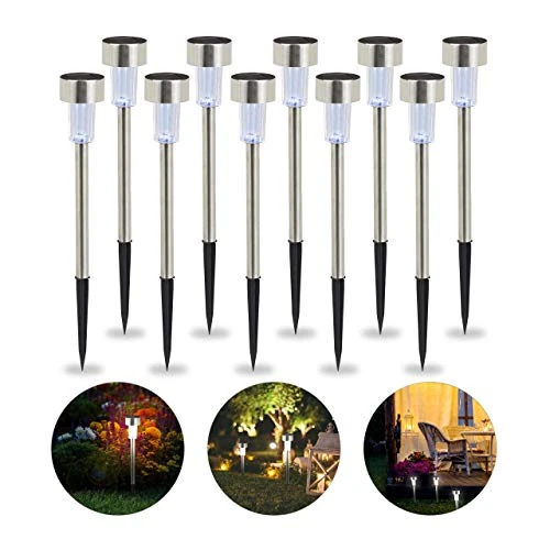 Limitiertes Angebot: Relaxdays Solarleuchte im 10er Set, wasserdichte LED Solarlampen, für Garten & Terrasse, weißes Licht, Edelstahl, silber von 14.99 EUR auf 14.99 EUR (Spare 0%)
