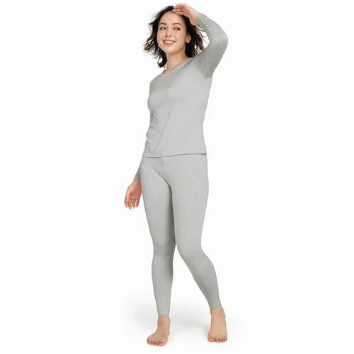 LAPASA Thermoflux L17 Thermo-ondergoed voor dames, set met fleece aan de binnenkant, warm thermisch bovendeel en thermische broek, leggings, functioneel ondergoed, lichtgrijs, XXL