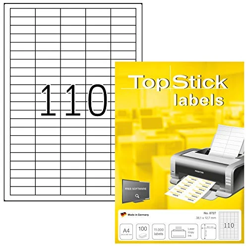 Limited-time offer: TopStick 8727 Multi-Purpose Labels, 110 Labels Per A4 Sheet, 38.1 x 12.7 mm, 11000 Labels, Self Adhesive, Mini Stickers for Laser and Inkjet Printers, White from 6.44 GBP to 6.44 GBP (save 0%)