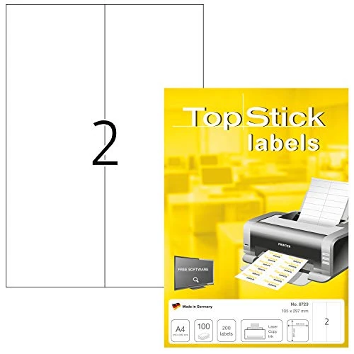 Zeitlich begrenztes Angebot: TopStick 8723 Universal Etiketten, 100 Blatt, 105 x 297 mm, 2 pro A4 Bogen, 200 Stück, selbstklebend, bedruckbar, matt, blanko Papier Klebeetiketten Aufkleber, weiß von 11.02 € auf 10.63 € (4% Rabatt)