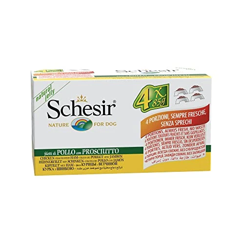 Offerta a tempo: Schesir, Cibo Umido per Cani Adulti Pollo e Prosciutto, in Morbida Gelatina (24 Lattine da 85g) - 15% da 32.10 € a 27.28 €