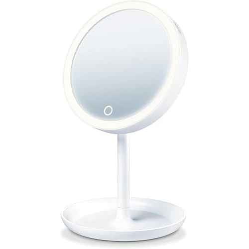 Beurer BS 45 Espejo cosmético iluminado, con luz LED, botón sensor táctil, espejo extra magnético con aumento de 5 veces, función de atenuación