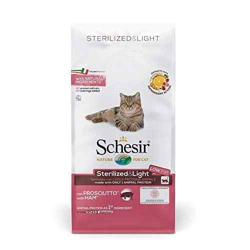 Schesir, pienso para Gatos Adultos esterilizados, línea Light con jamón, croquetas - Formato Bolsa de 10 kg