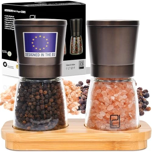 Tijdelijke aanbieding: Premium zout- en pepermolenset met bamboehouder - 142 g, zwart brons roestvrij staal - hervulbare en verstelbare grofheid handmolen - door PJC-Kitchen van 19.99 EUR naar 19.99 EUR (korting 0%)