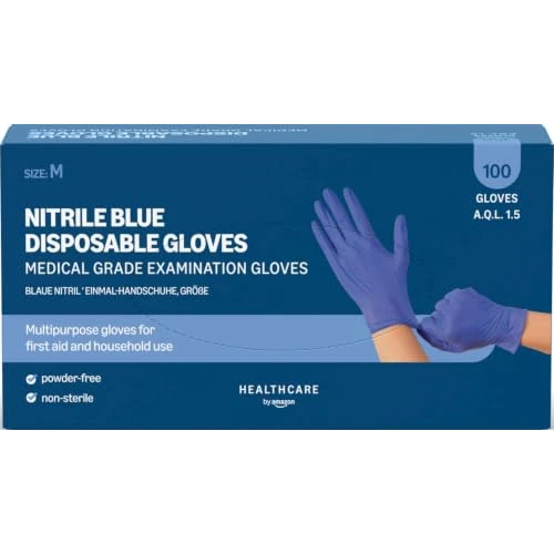 Offerta a tempo: Amazon Basic Care Guanti monouso blu in nitrile, Senza polvere, Taglia M, 100 unità (Precedentemente Marchio Hevea) - 21% da 7.12 € a 5.59 €