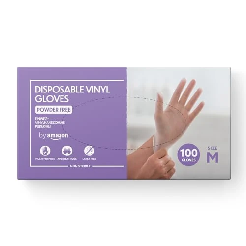 Limited-time offer: by Amazon - Disposable Vinyl Gloves, Size M, Pack of 100 from 5.39 £ to 4.89 £ (save 9%)
