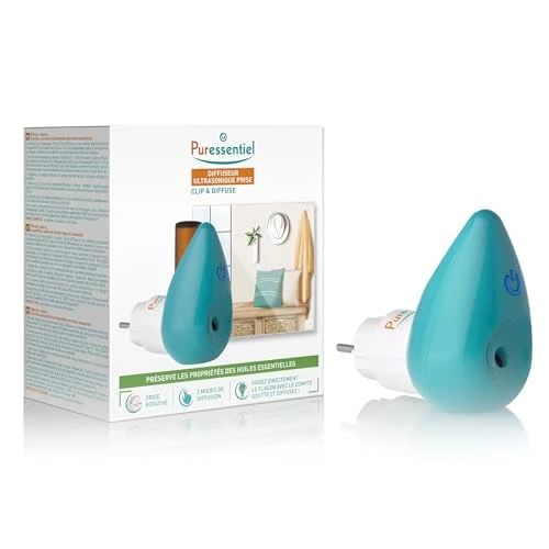 Puressentiel - Ultradźwiękowy dyfuzor olejków eterycznych - Klips i dyfuzor - Obrotowy dyfuzor do aromaterapii z cichym uchwytem - Bez wody, LED, biały i niebieski