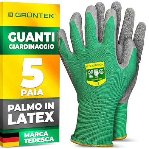 GRÜNTEK Guanti da Lavoro e Giardinaggio 5 PAIA. Guanti da Giardinaggio Rivestiti in Lattice per Uomo e Donna, Misura L9. Guanti di Sicurezza.