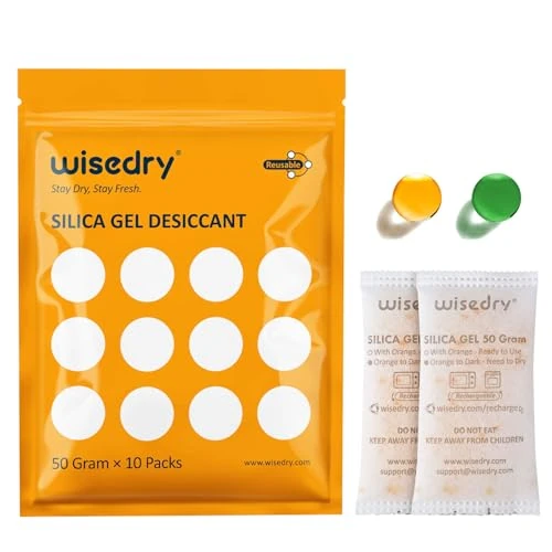Offerta a tempo: wisedry Sacchetti essiccanti in gel di silice da 50 grammi, confezione da 10 pezzi, per microonde, a riattivazione rapida, con perline indicanti, per armadietti, cassaforte, bagno, uso alimentare - 31% da 21.99 € a 15.08 €