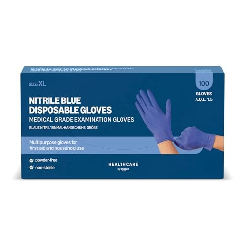 Amazon Basic Care Blaue Nitril Einmal-Handschuhe, Puder frei, Größe XL, 100 Handschuhe (Früher Marke Hevea)