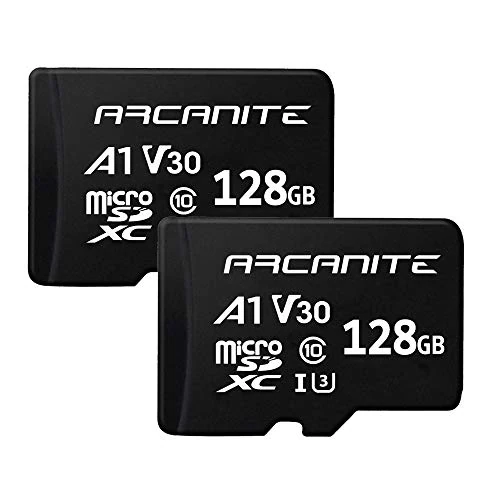 Offerta a tempo: ARCANITE, set da 2 schede di memoria microSDXC 128 GB, UHS-I U3, A1, V30, 4K, C10, MicroSD, Velocità di lettura fino a 90 MB/s - senza adattatore - 0% da 32.26 € a 32.26 €