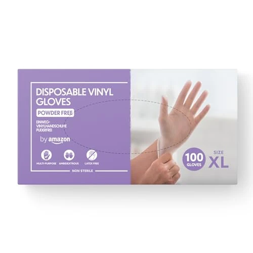 Offre limitée : by Amazon - Gants en vinyle jetables, Taille XL, lot de 100, Transparent de 8.90 € à 8.01 € (10% de remise)