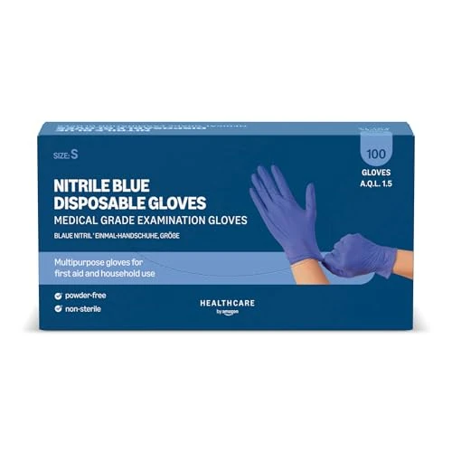 Offerta a tempo: Amazon Basic Care Guanti monouso blu in nitrile, Senza polvere, Taglia S, 100 unità, (Precedentemente Marchio Hevea) - 17% da 6.16 € a 5.14 €