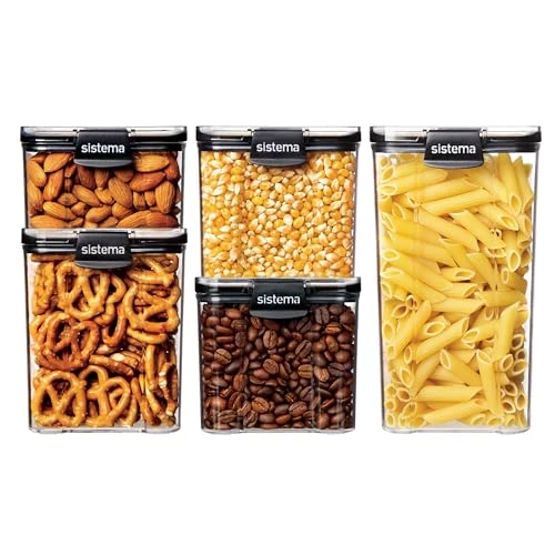 Offerta a tempo: Sistema Ultra Square Contenitori ermetici dispensa | Conservazione degli alimenti di capacità assortita | Impilabile | Clip di bloccaggio | Senza BPA | Trasparente e nero | 5 pz - 50% da 54.29 € a 26.99 €
