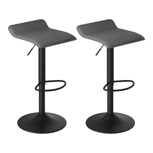 WOLTU Bar Stools Set of 2 pcs Grey Faux Leather Adjustable Swivel Gas Lift Steel Footrest & Base Classic Black