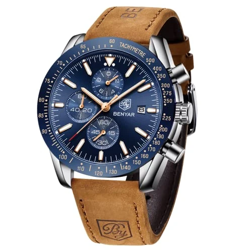 Offre limitée : BENYAR Montre Homme Etanche Analogique Quartz Chronographe Lumineuses Date Grand Cadran Classique Mode Affaires Montres Cadeau élégant pour Hommes,Marron Argent Bleu de 79.99 € à 49.99 € (38% de remise)