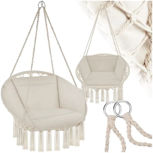 Offerta a tempo: tectake® Poltrona Sospesa, Interno & Esterno, Diametro Seduta 60 cm, Robusta, Grande e Morbidissimo Cuscino, Sedia a Dondolo, Sedia Sospesa da Interno e Terrazzo - Beige - 12% da 48.90 € a 42.99 €
