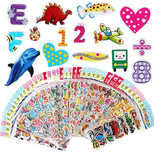 Offerta a tempo: Vicloon 40 fogli di varietà di adesivi 3D per bambini, oltre 1100 adesivi per bambini gonfi per regali gratificanti scrapbooking tra cui animali, numeri, lettere, emoji, dinosauri, frutta, aereo e - 41% da 10.99 € a 6.49 €