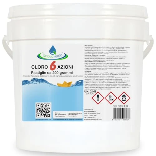 Offerta a tempo: acquaverde | Cloro 6 AZIONI in Pastiglie da 200 grammi, 5 kg di NUOVO Multiazione per Piscina, Trattamento acqua: Clorazione, Alghicida, Flocculante, Stabilizzante del Ph, Antischiuma, Antimicotico - 8% da 33.90 € a 31.25 €