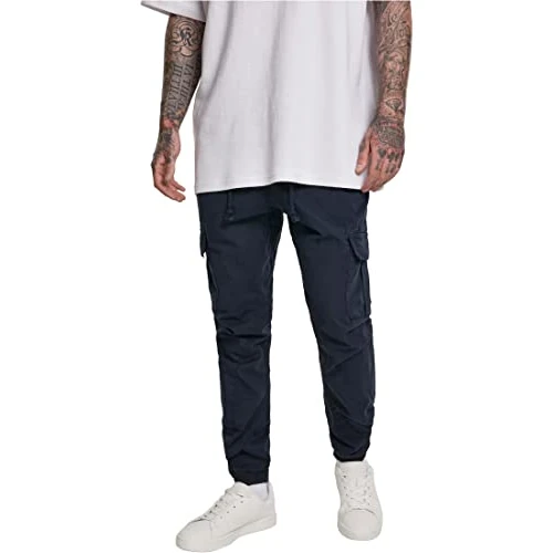 Oferta limitada: URBAN CLASSICS Pantalón jogging Cargo con bolsillos de parche 2 laterales y 2 traseros, ajuste slim fit, color liso, cintura cordón, puños elásticos, color navy blue, talla L de 49.90 € a 35.49 € (ahorro 29%)