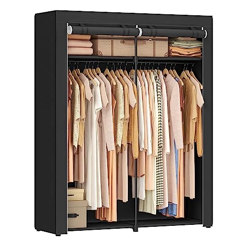 SONGMICS Wardrobe, Clothes Storage for Bedroom with 2 Rails, Fabric Portable Wardrobe, Collapsible, Rack, for Closet, 43 x 140 x 174 cm, Black RYG02BK, VA-RYG02BK