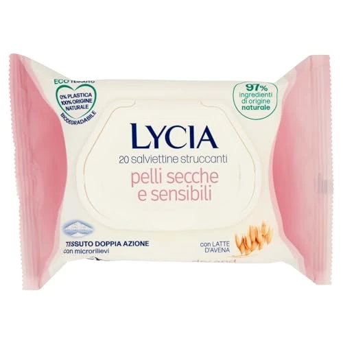 Offerta a tempo: Lycia, Salviette Struccanti per Pelle Secca e Sensibile con Prebiotico e Latte d'Avena, Eco Tessuto Doppia Azione Biodegradabile, Formula Idratante, Protezione della Barriera Cutanea, 20 pezzi - 46% da 1.98 € a 1.06 €