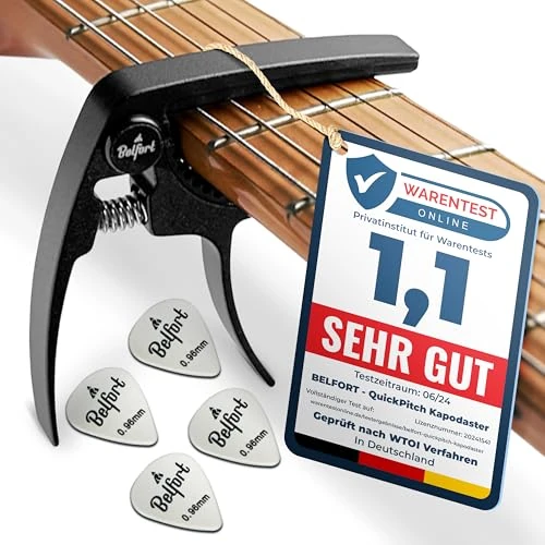 BELFORT® - Capotasto originale QuickPitch per chitarra + 3 plettri + eBook gratuito - Facilissimo da usare - Per chitarra classica, western, acustica, da concerto, elettrica e ukulele