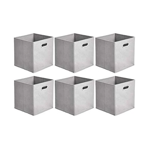 Amazon Basics Cajas de almacenamiento de tela, con forma de cubo, plegables, con ojales metálicos, 6 unidades, gris claro