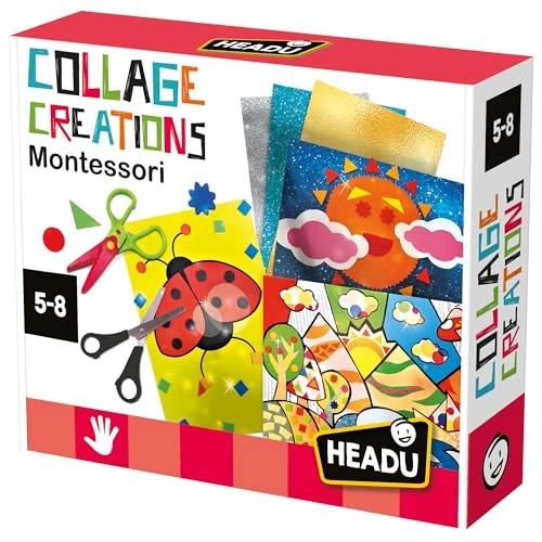 HEADU - Collage Creations Montessori - Taglia, Ritaglia E Crea | Gioco Art & Craft Bambini 5-8 Anni, Gioco Educativo Ispirato al Metodo Montessori, Tante Basi da Decorare, Made In Italy, Idea Regalo