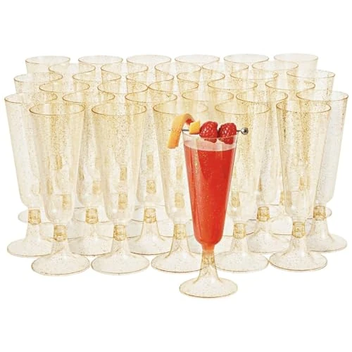 MATANA 50 Premium Plastic Champagne Flutes with Gold Glitter, 150ml / 5oz - Reusable Prosecco Glasses, Champagne Glasses, Plastic Flutes for Cocktail, Wine, Dessert, Weddings, Parties