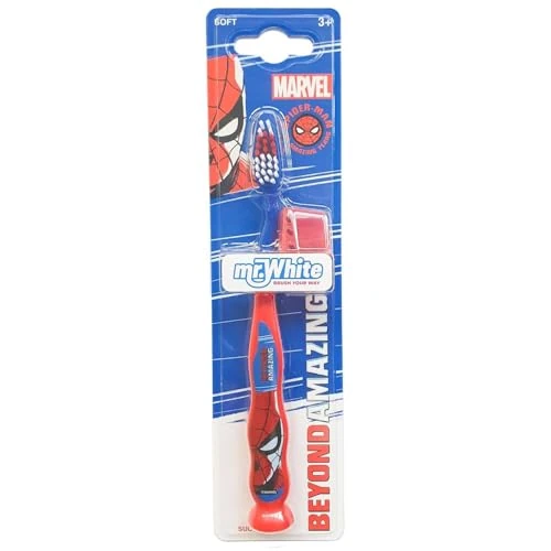 Marvel Spiderman Little Teeth Toothbrush for Kids with Protection Cap, Soft Rounded Bristles, Comfortable Handle Grip and Suction Cup for Upright Storage for Children Ages 3+