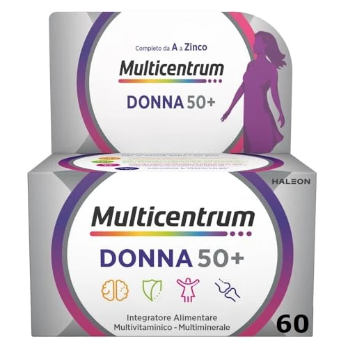 Multicentrum Donna 50+ Integratore Multivitaminico completo, con Magnesio, Vitamina A, D, B12, Calcio, per combattere stanchezza e affaticamento per Donne oltre 50 anni, 60 Compresse