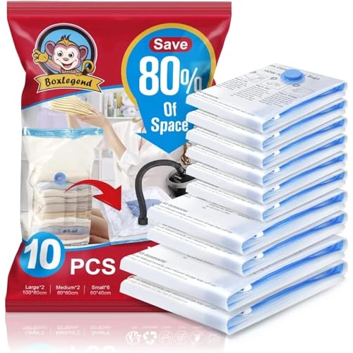 Tijdelijke aanbieding: BoxLegend Vacuümzakken, 10 Stuks, 2XL*100x80cm, 4L*80x60cm, 4S*60x40cm, Vacuüm Opbergzak, Reisvacuüm, Herbruikbare Kledingzak voor Kleding, Dekbedden, Beddengoed, Kussens, Wollen Dekens van 19.99 EUR naar 19.99 EUR (korting 0%)