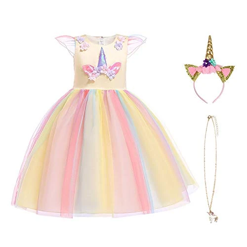 Zeitlich begrenztes Angebot: URAQT Mädchen Prinzessin Kleid, Mädchen Einhorn mit Halskette, 140CM,Gelb von 14.99 € auf 14.23 € (5% Rabatt)